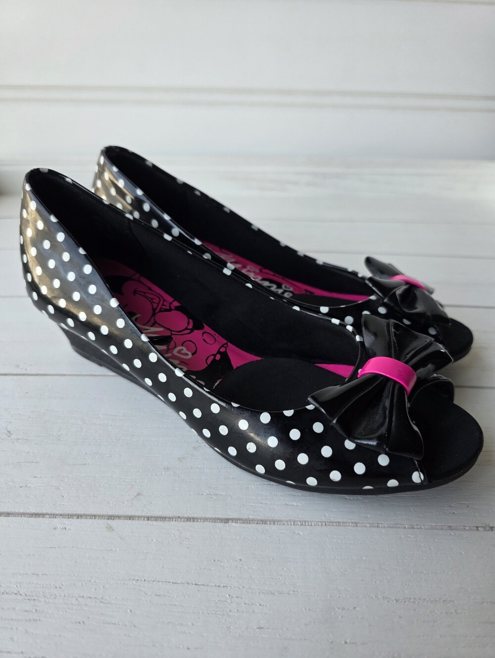 Disney Minnie Mouse Polka Dot Peep Toe Glitter Wedge Heels Bow Girls Size 3
